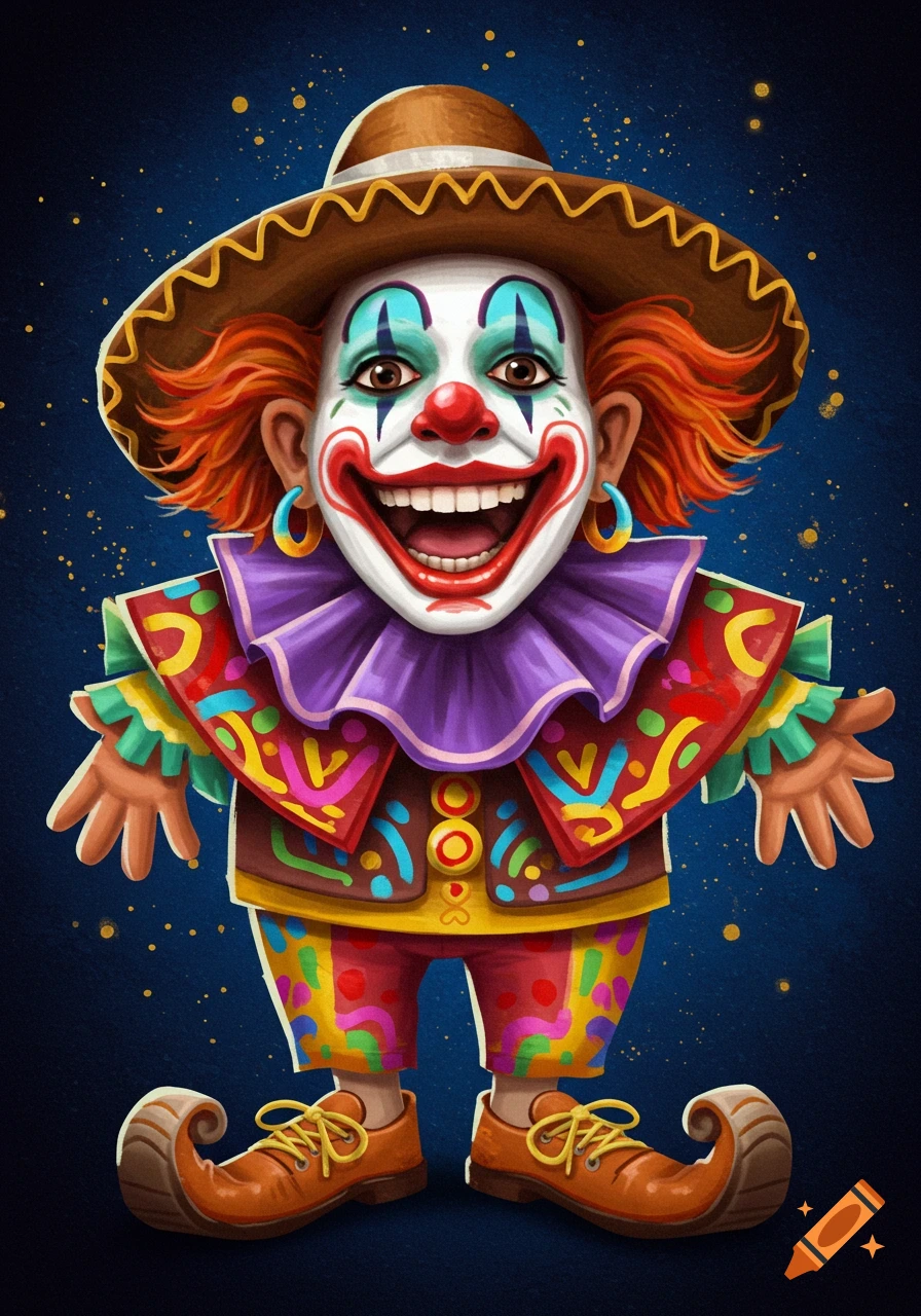 Cartoon illustration of a colorful clown wearing a sombrero and ruffled collar against a dark blue background with gold speckles.
