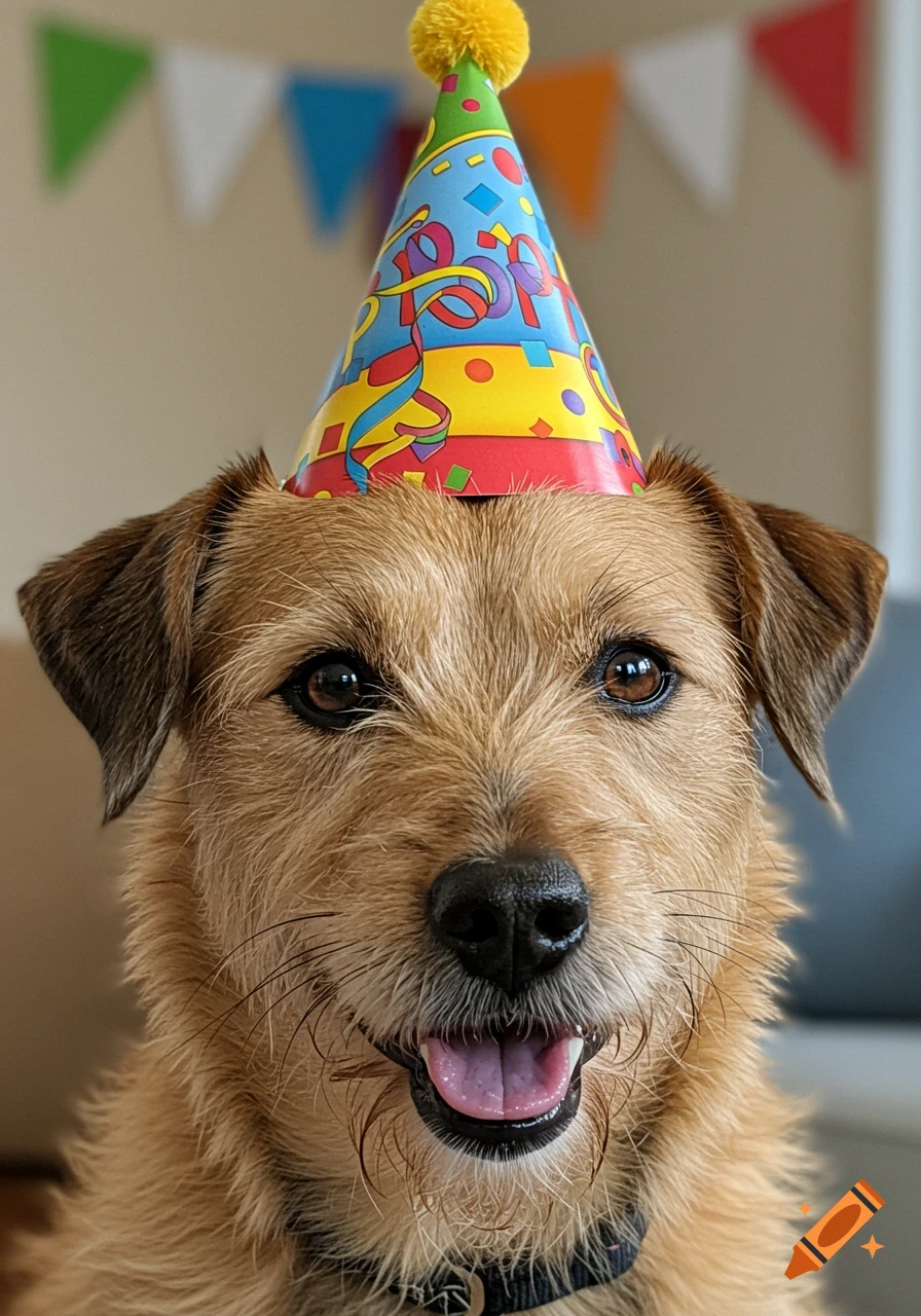 Close-up of a happy brown dog wearing a colorful party hat with a yellow pom-pom.