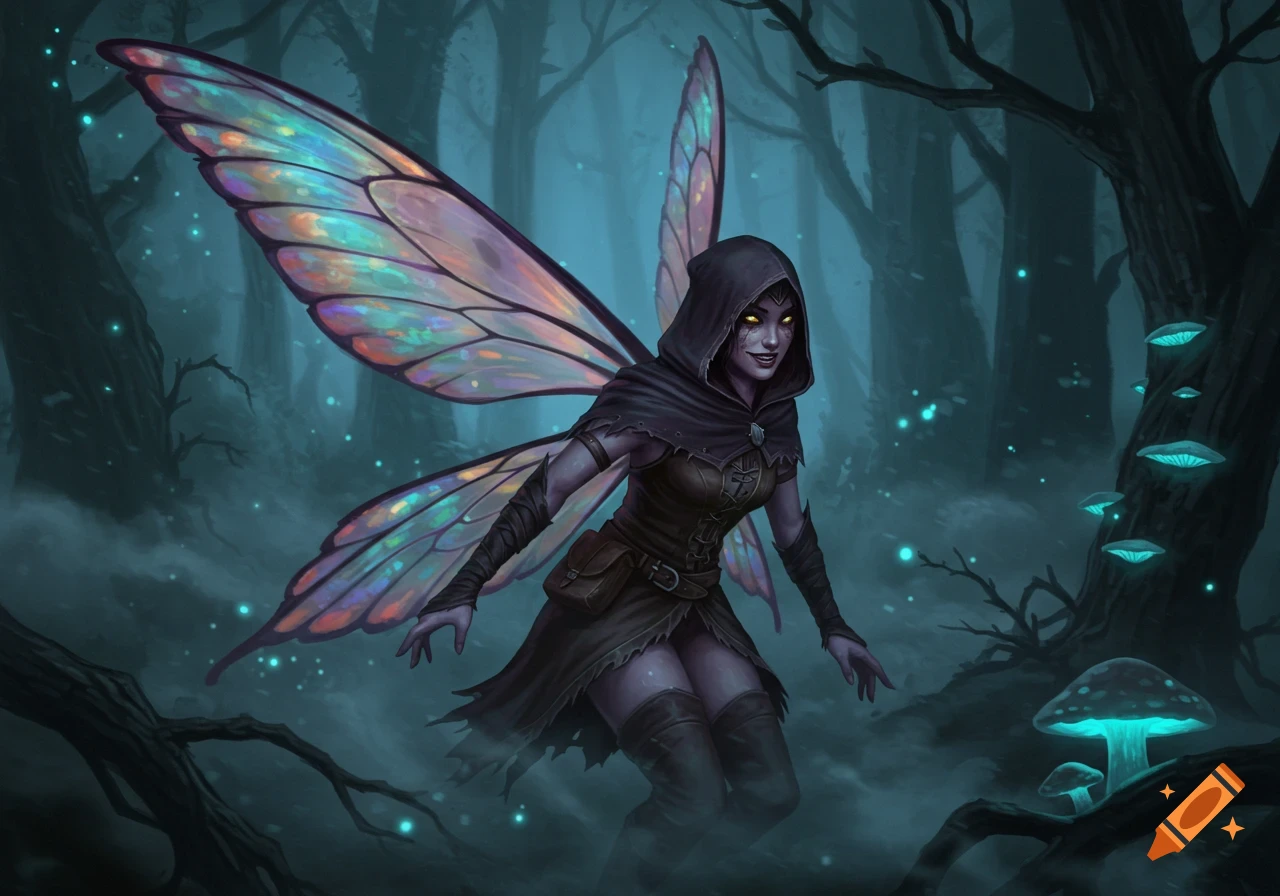A hooded fantasy fairy with glowing wings in a dark, misty forest with glowing mushrooms.