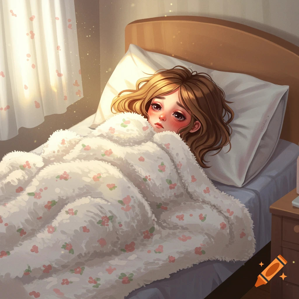 A young girl in bed looking ill, wrapped in a floral blanket, sunlight streaming in.