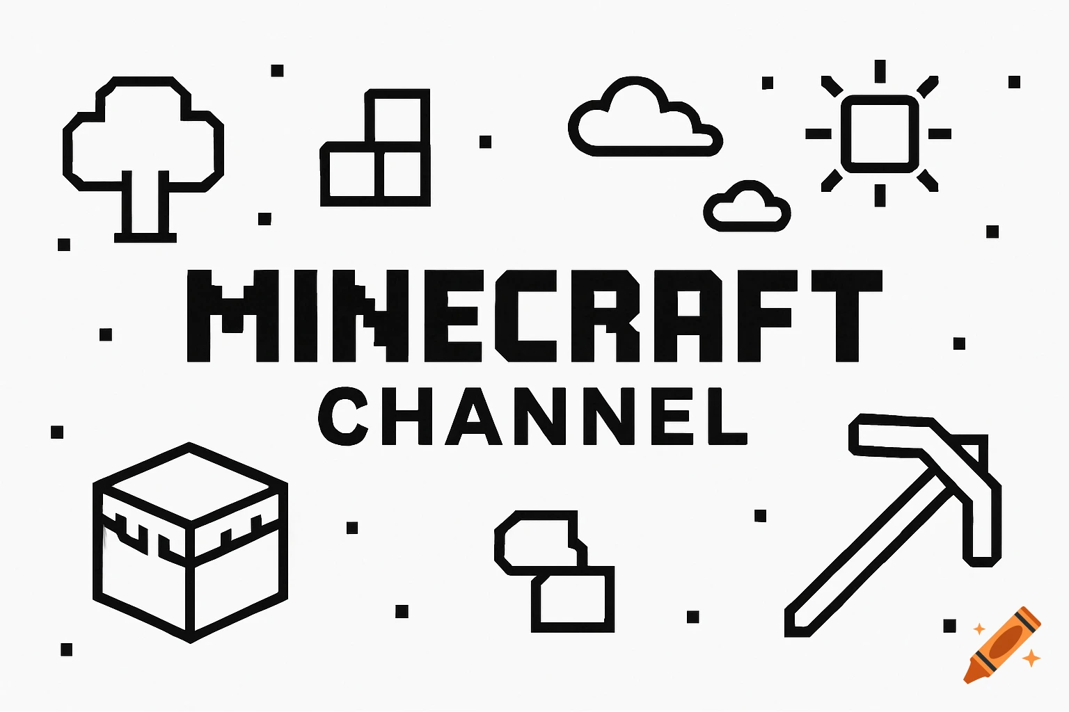 Black and white pixel art banner with Minecraft icons and 'MINECRAFT CHANNEL' text.