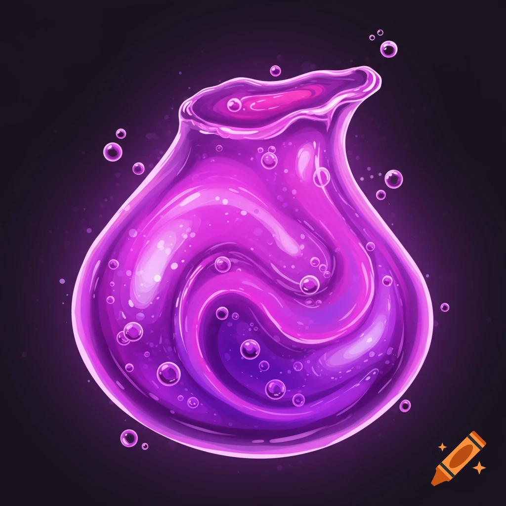 Glowing purple liquid potion with bubbles, digital art