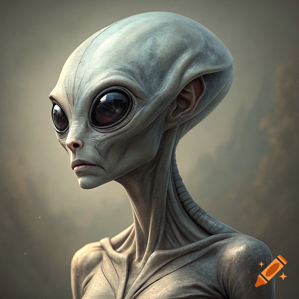 Close-up portrait of a grey alien
