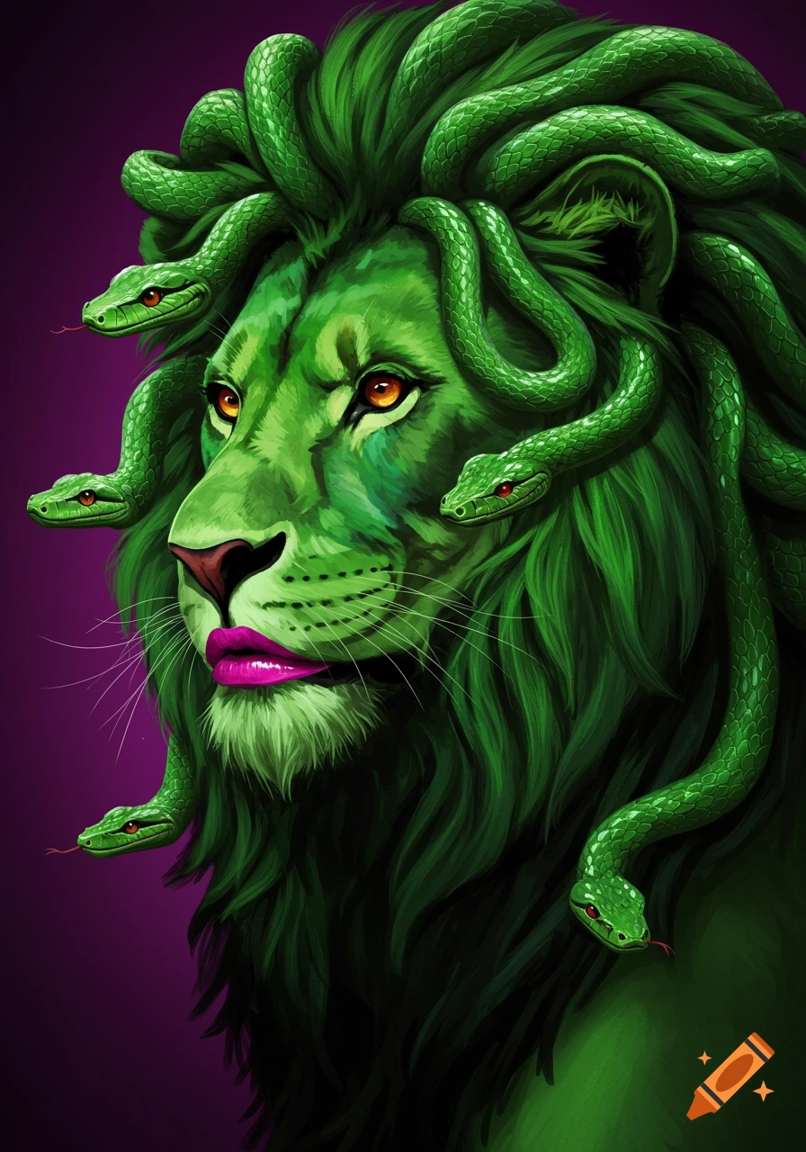 A green lion with snakes for hair and pink lipstick on a purple background.