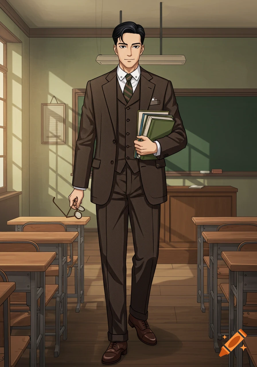 Anime style man in a suit holding books and glasses in a classroom
