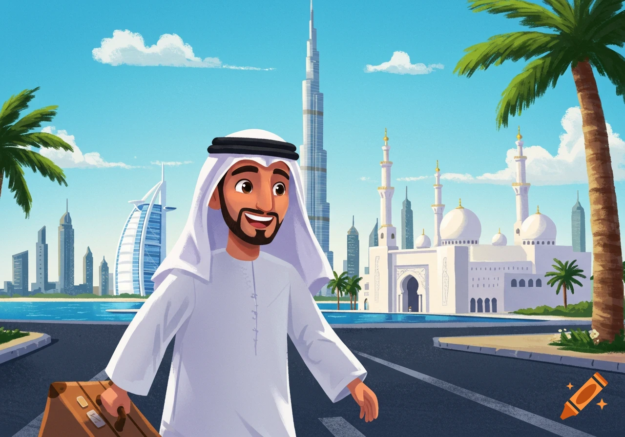 Cartoon man in traditional clothes walking past Dubai landmarks.