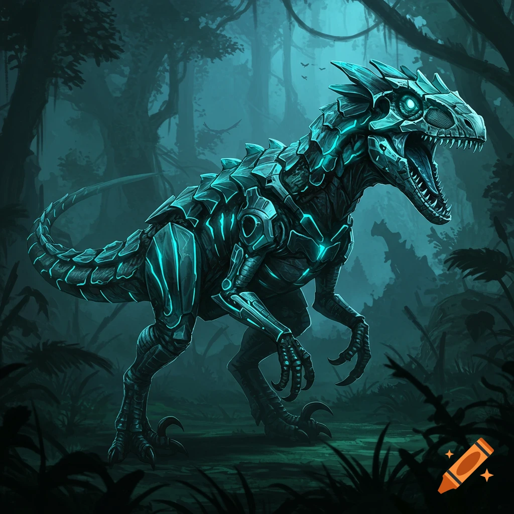 A futuristic blue cyborg raptor in a dark jungle