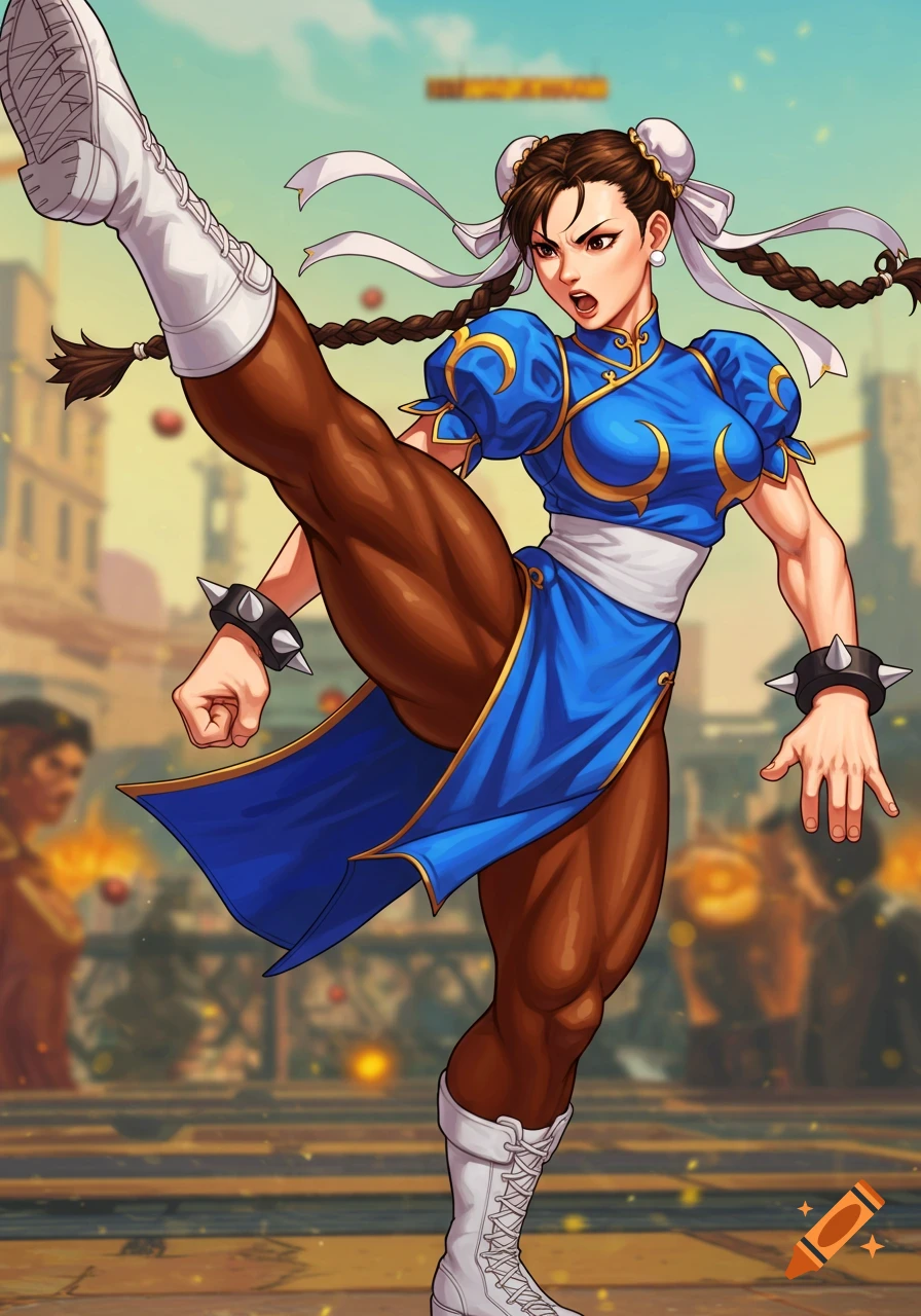 Chun-Li performing a high kick in a fighting arena.