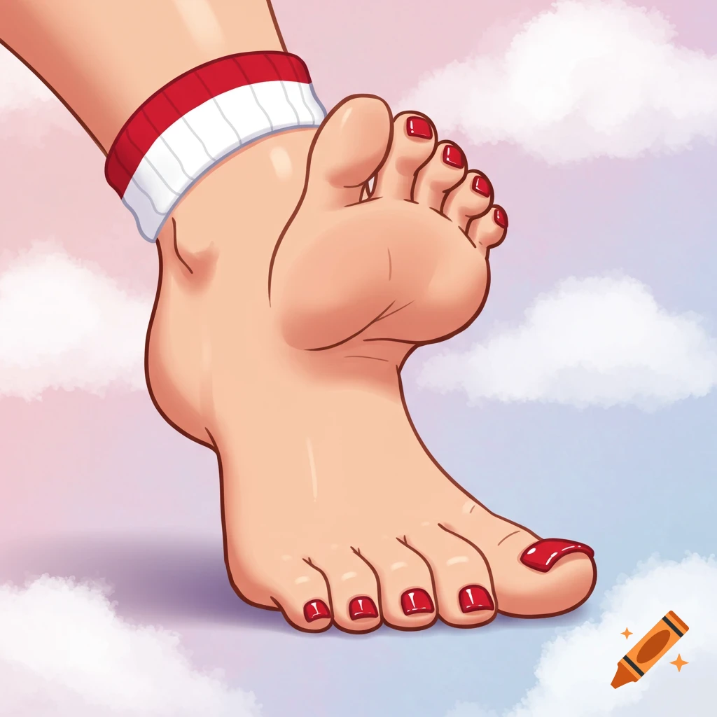 A cartoon foot with red nail polish and a striped sock against a cloudy background.