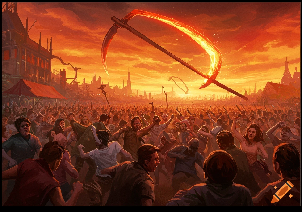 A chaotic crowd reacts to a giant glowing orange scythe in the sky.