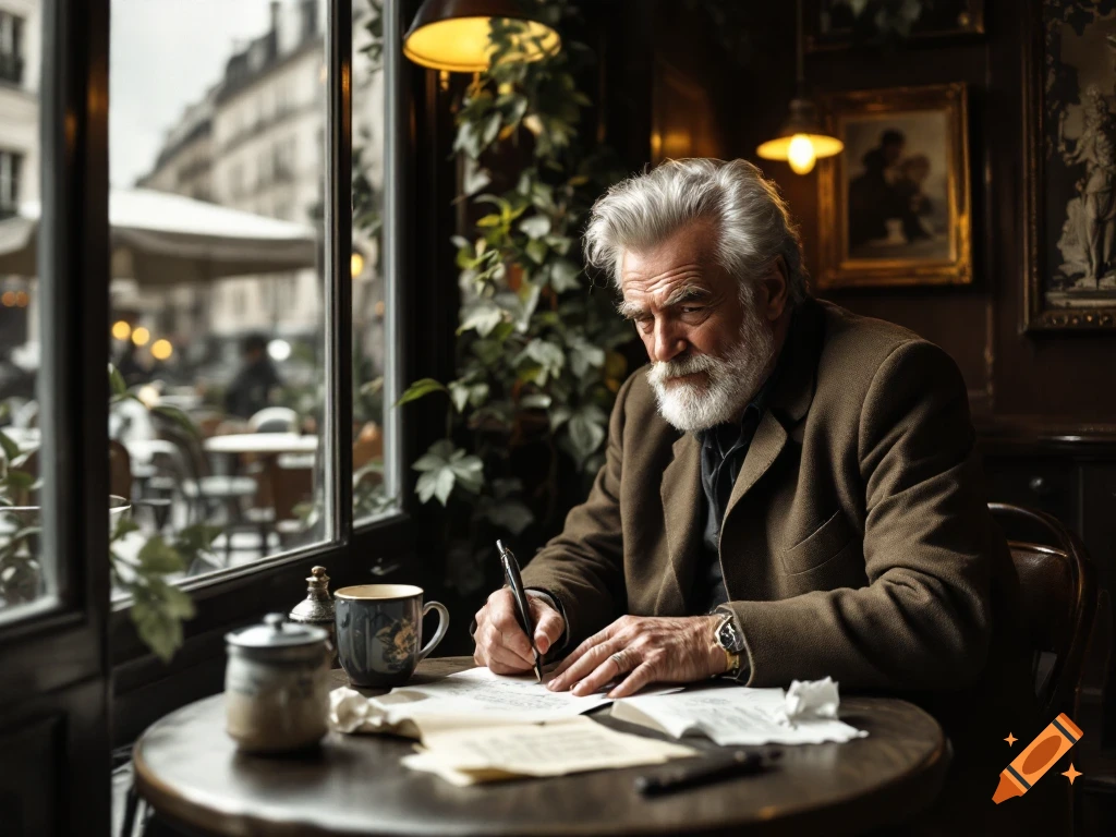 An old man with a white beard sits writing at a table in a cozy cafe in Paris.