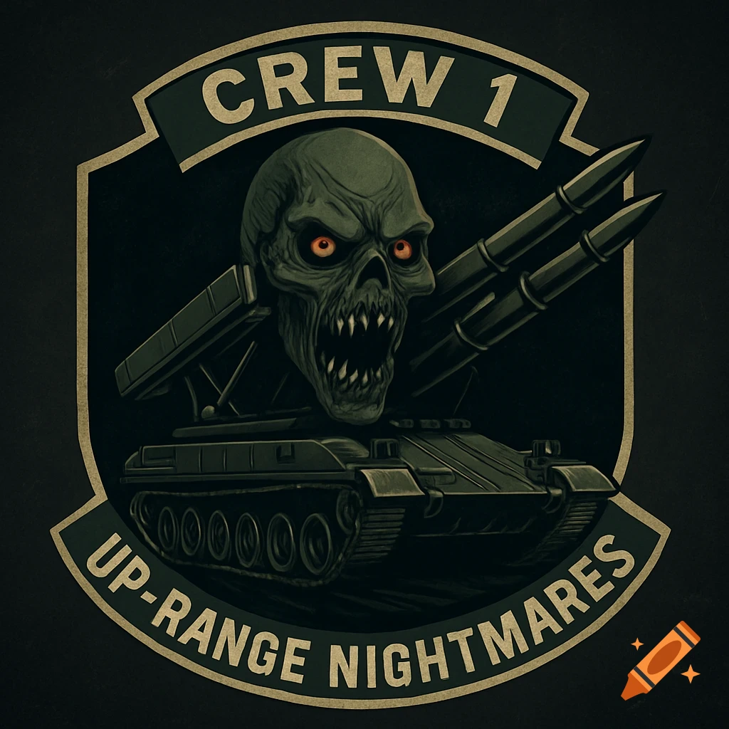 Military logo with skull, missiles, and tank, featuring text 'CREW 1 UP-RANGE NIGHTMARES'. Digital art.
