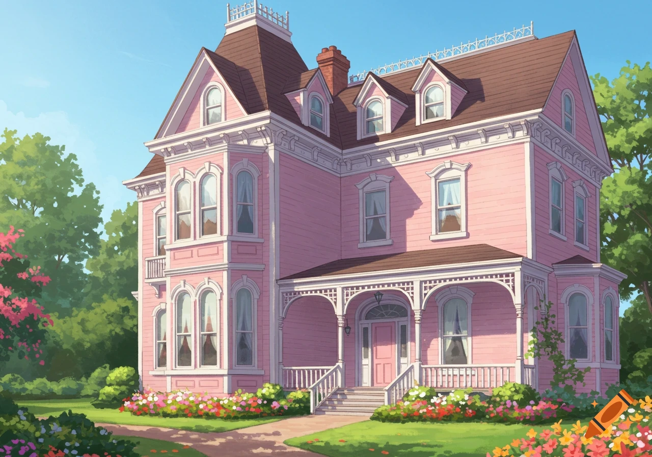 A big pink Victorian-style house surrounded by trees and flowers, digital art