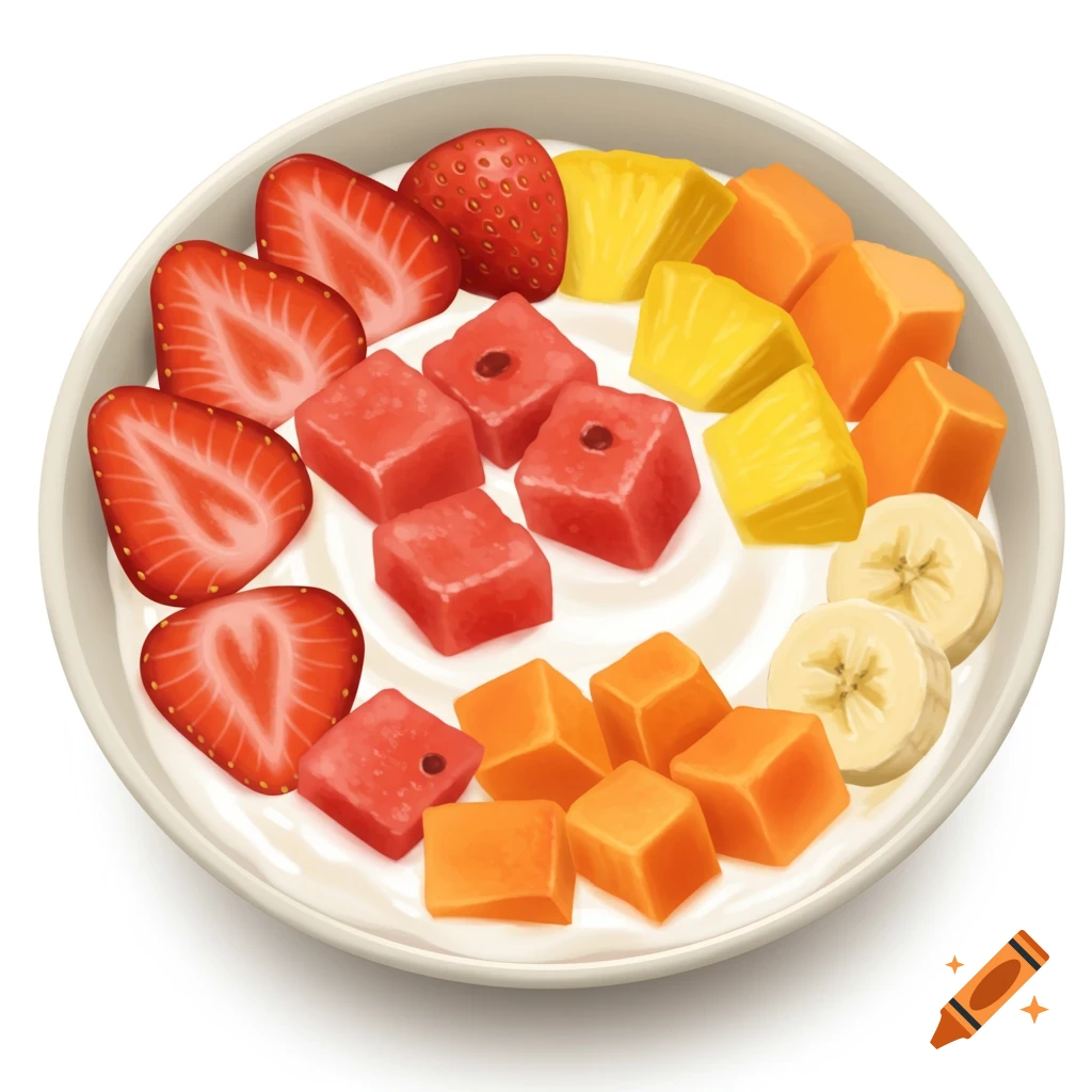 A bowl of yogurt topped with strawberries, watermelon, pineapple, papaya, and bananas.
