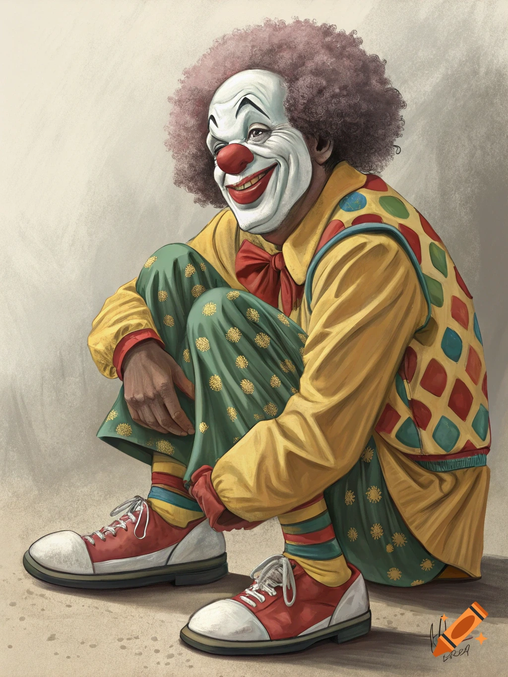 An illustration of a clown sitting, wearing colorful clothes and makeup.