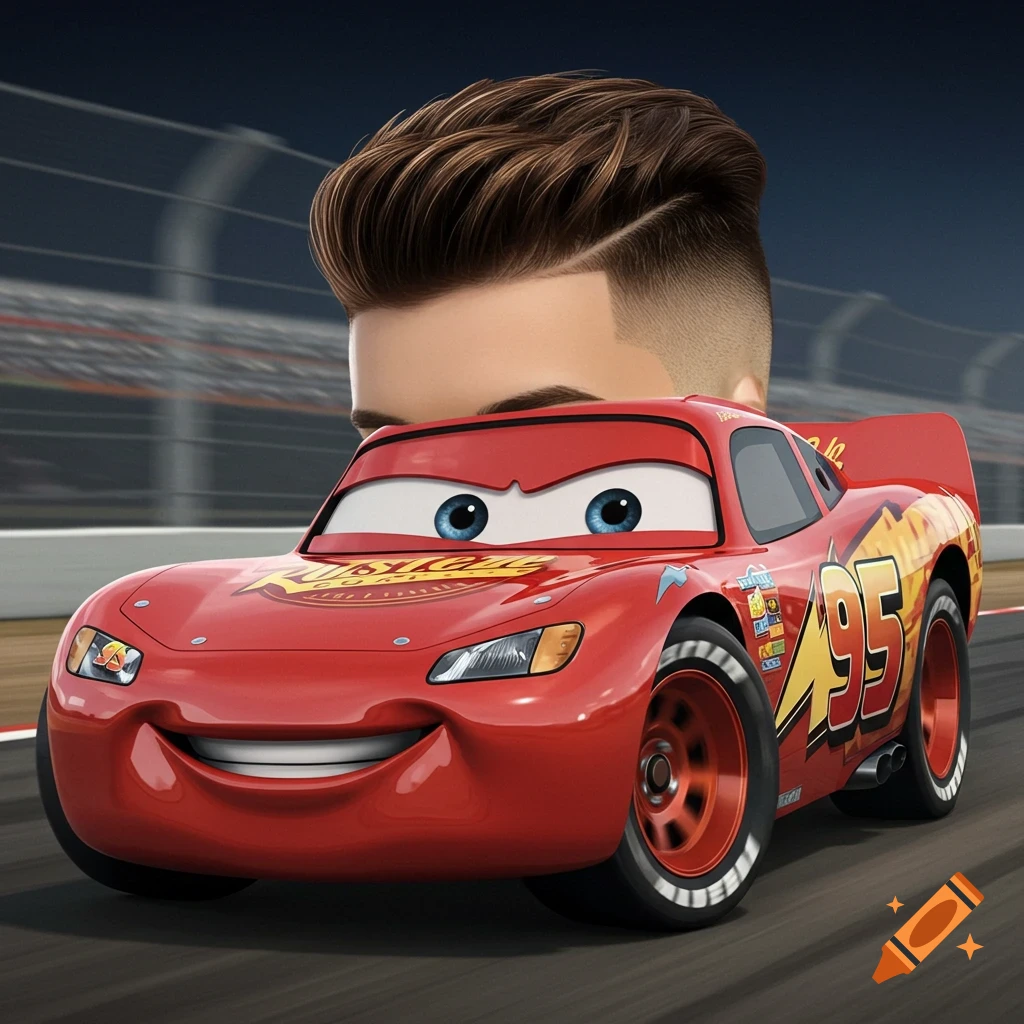 Lightning McQueen racing with a human head and taper fade haircut behind