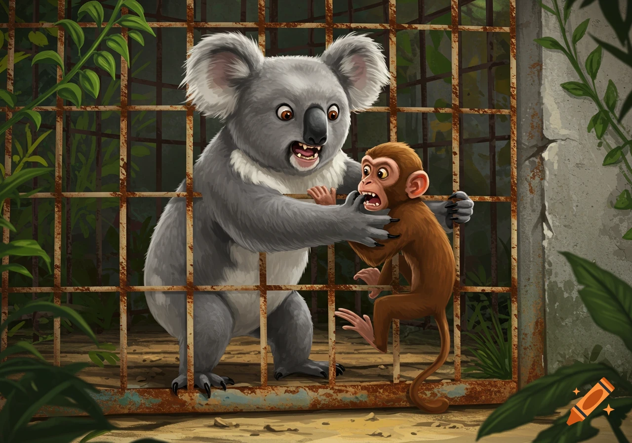 A koala holding a struggling monkey in a rusty cage