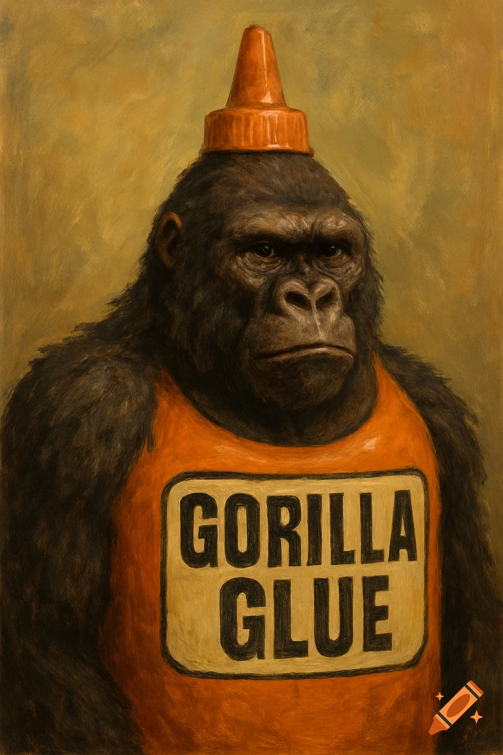 A gorilla wearing an orange bib with 'GORILLA GLUE' written on it and an orange glue bottle cap on its head.