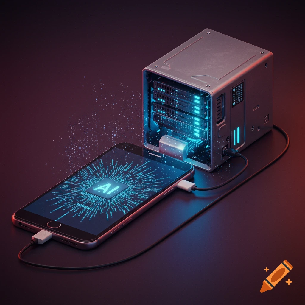 A phone connected to a server displaying 'AI' on screen.