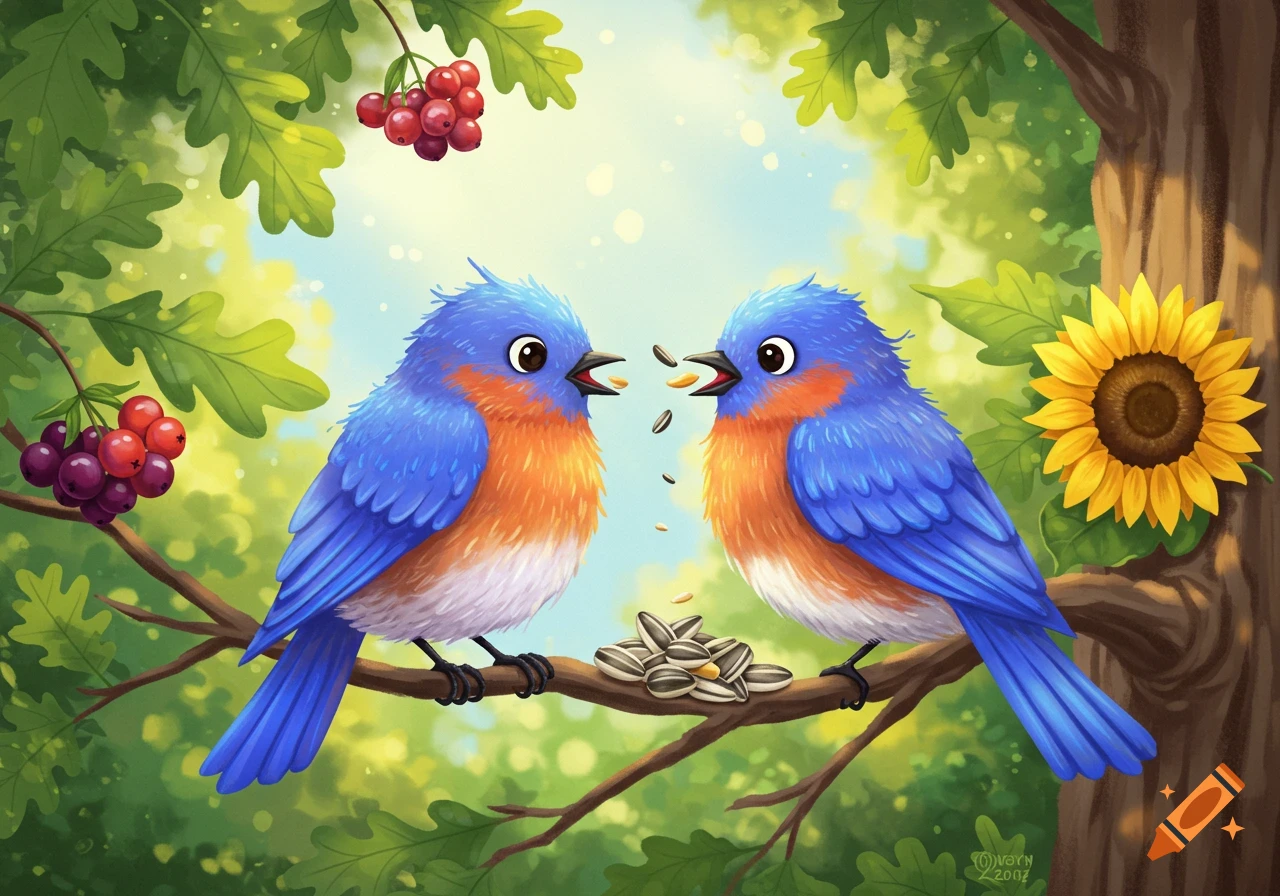 Two bluebirds are perched on a branch, sharing seeds.