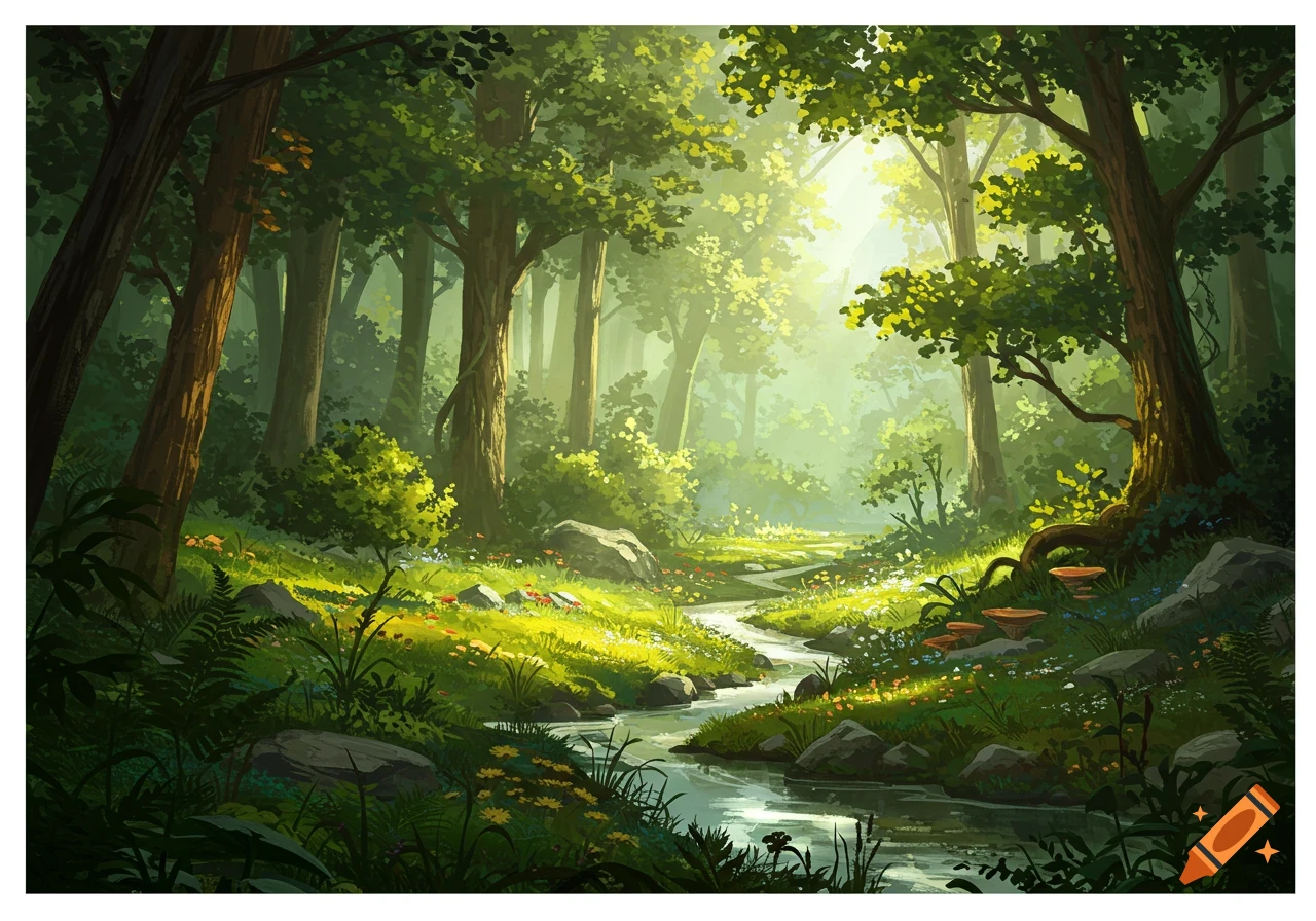 A sunny forest with a stream flowing through it.