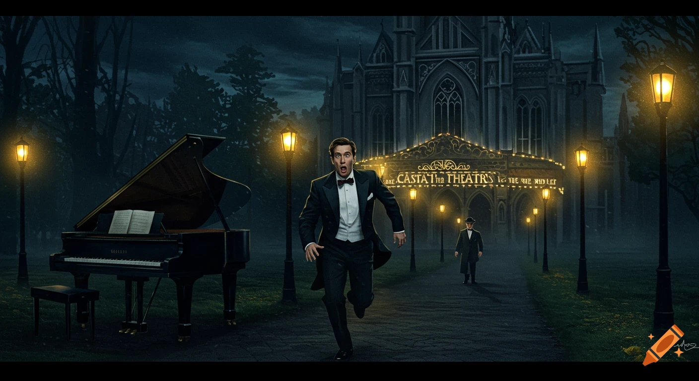 A man in a tuxedo runs past a piano from a gothic theatre at night, film noir style.