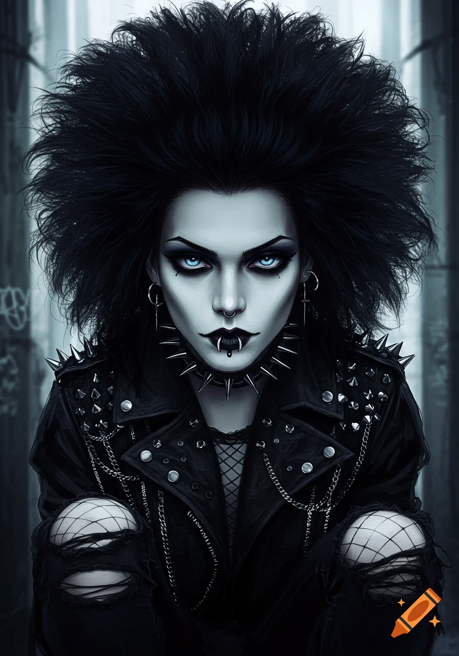 A portrait of a woman with spiky black hair, dramatic makeup, piercing blue eyes, and a studded leather jacket.