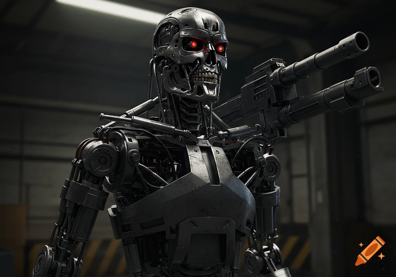 Close-up of a Terminator T-600 endoskeleton with red eyes and a mounted weapon in a dim workshop.