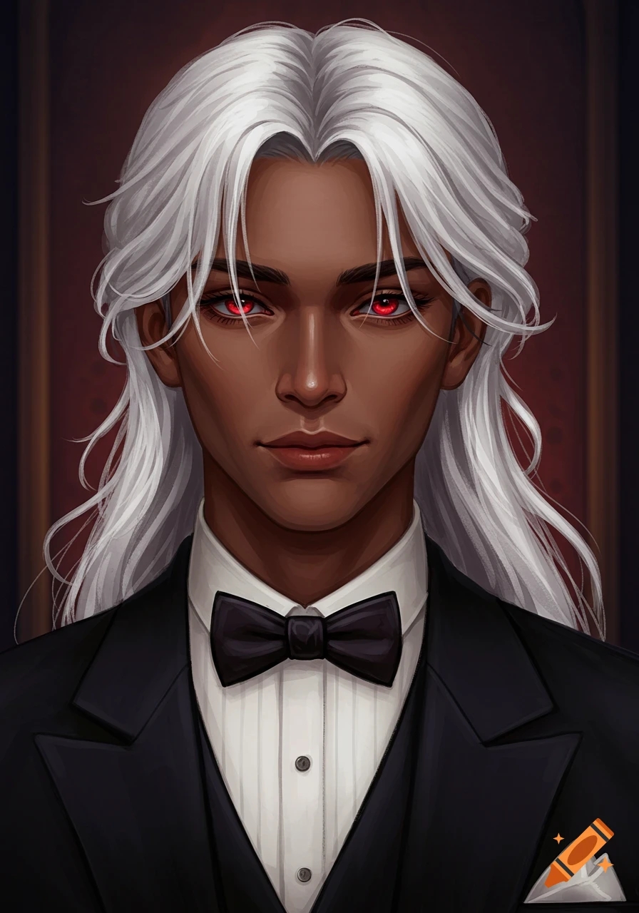A dark-skinned man with white hair and red eyes in a black tuxedo.