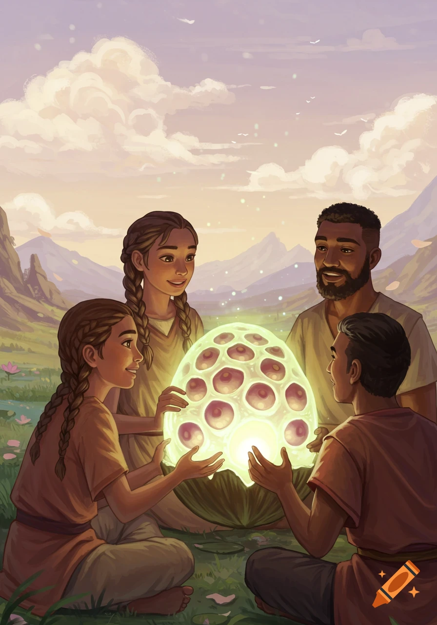 Four people in a field gather around a large glowing, segmented fruit.