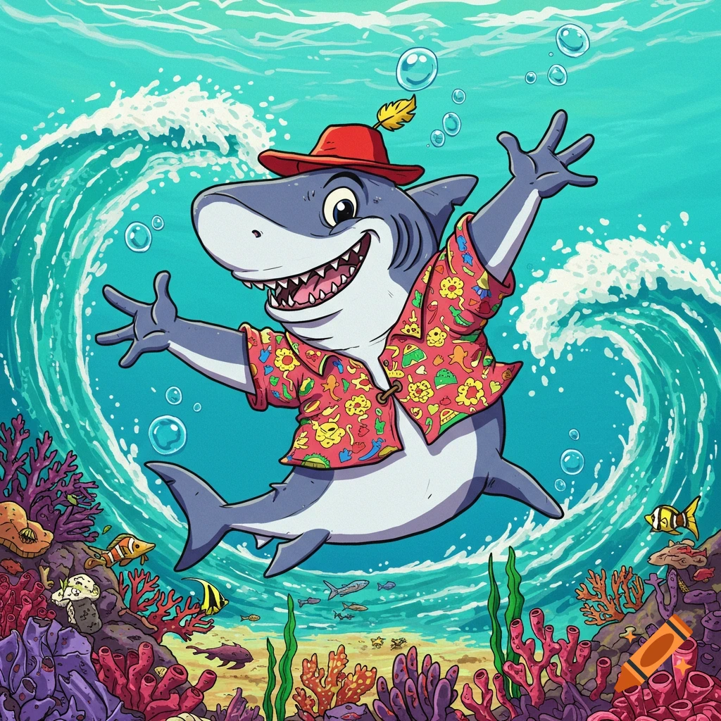 Cartoon shark in Hawaiian shirt and hat swimming in the ocean near a coral reef.