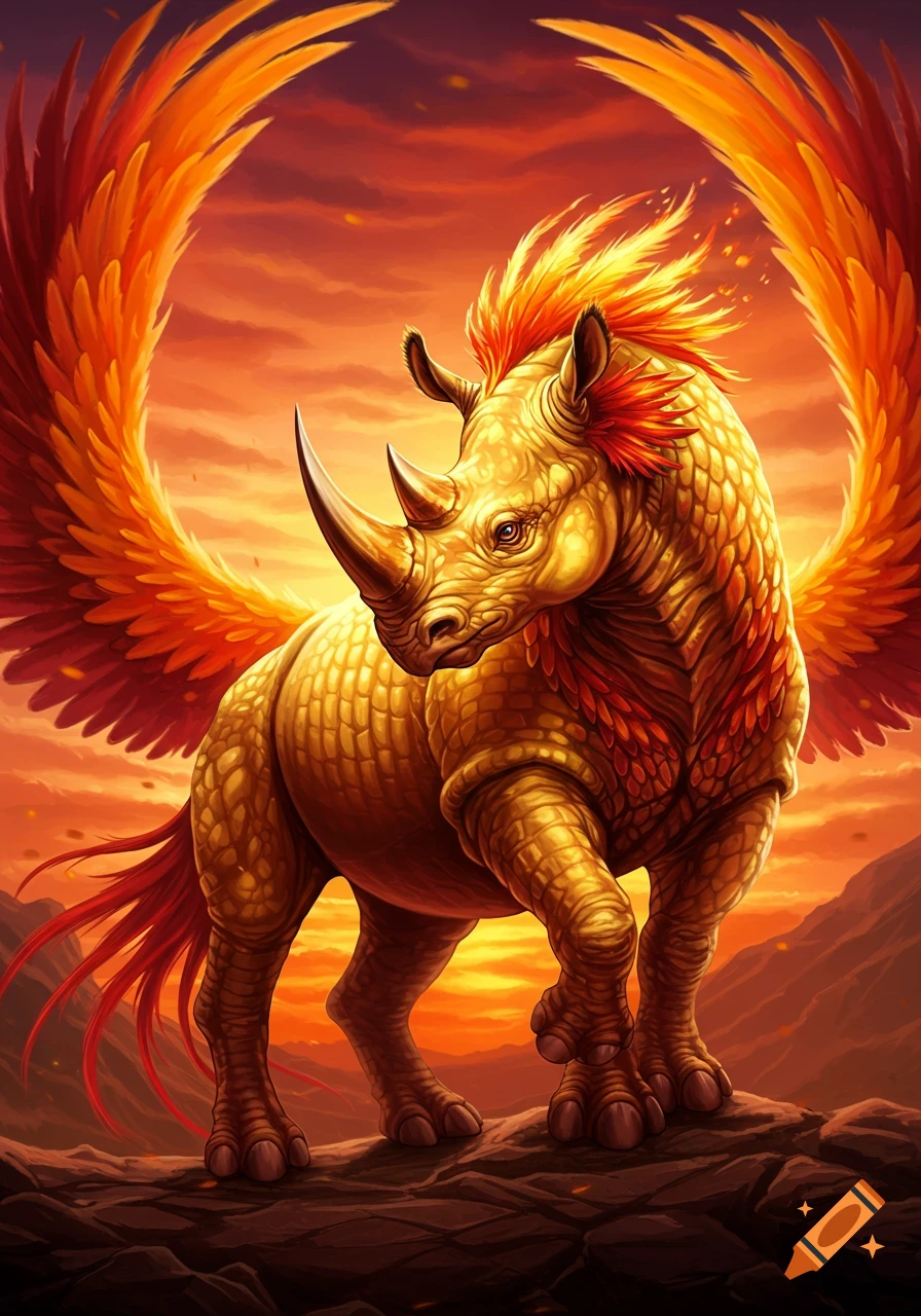 A golden winged rhino creature against a fiery sky.