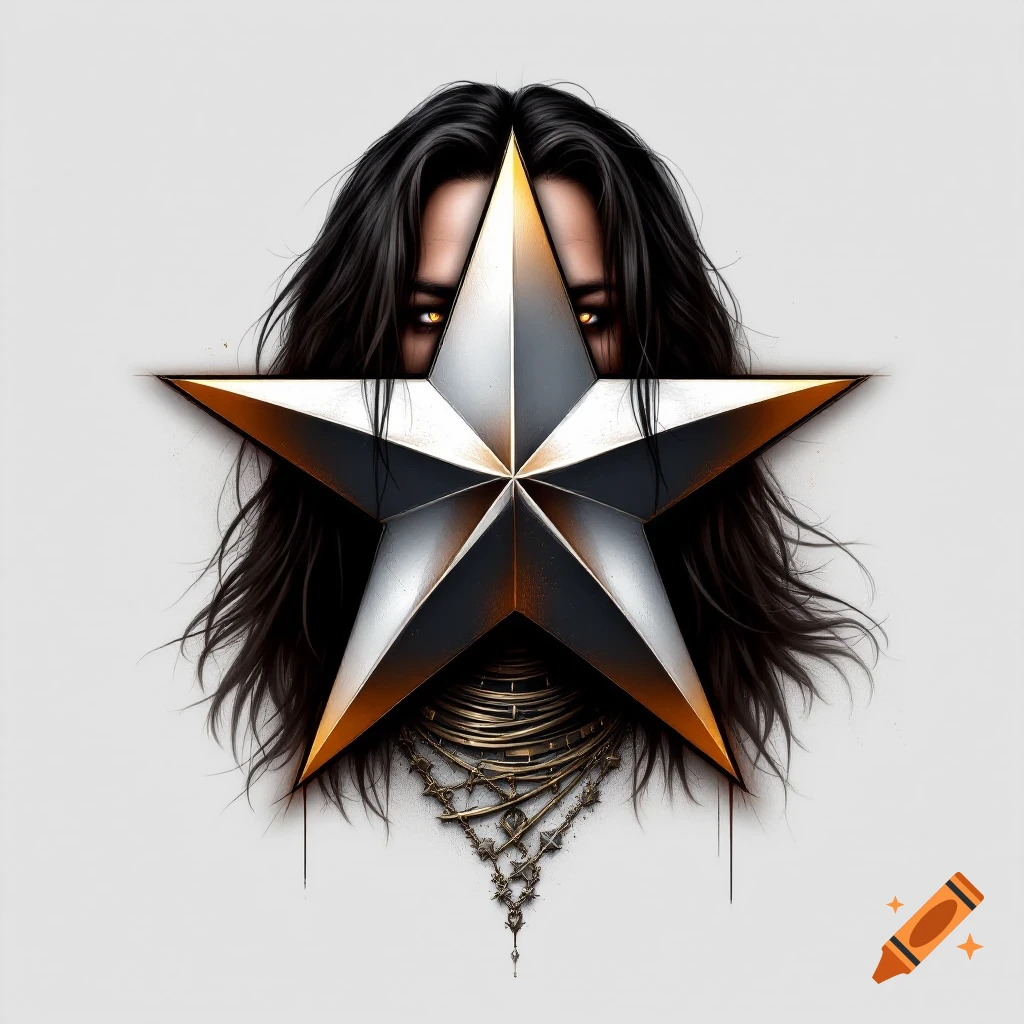Eyes peering from behind a large metallic star, dark flowing hair and intricate neckpiece