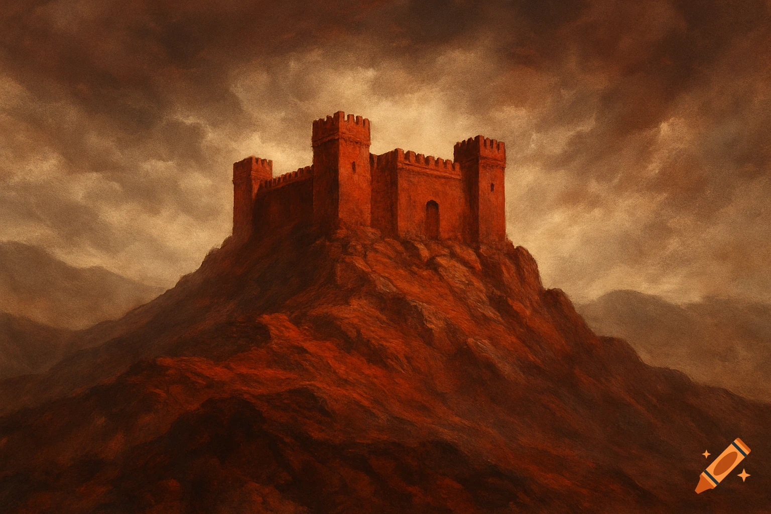 A red castle sits atop a hill under a dramatic cloudy sky.