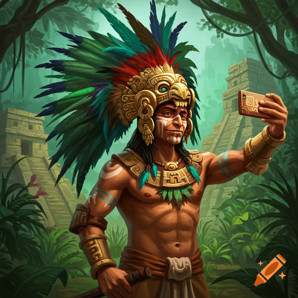 An Aztec warrior in a feathered headdress is taking a selfie in a jungle with pyramids