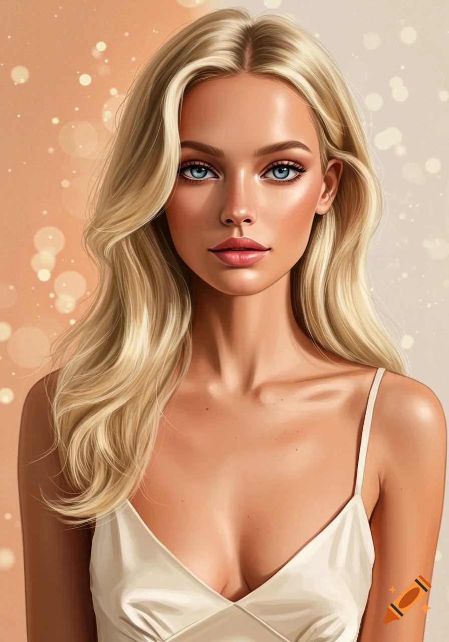 Portrait of a blonde woman with blue eyes wearing a white dress, bokeh background.