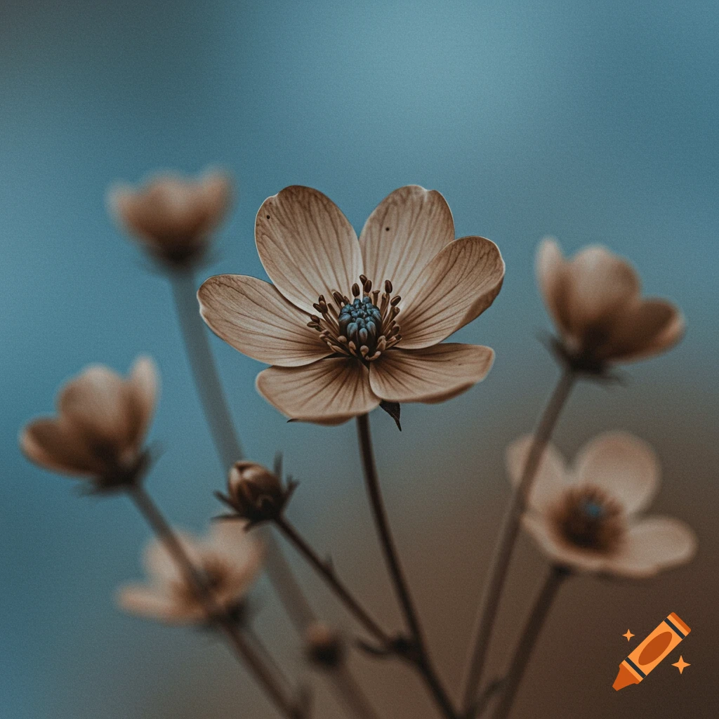 A close-up view of a bloomed flower and several buds against a blurry blue and brown background.