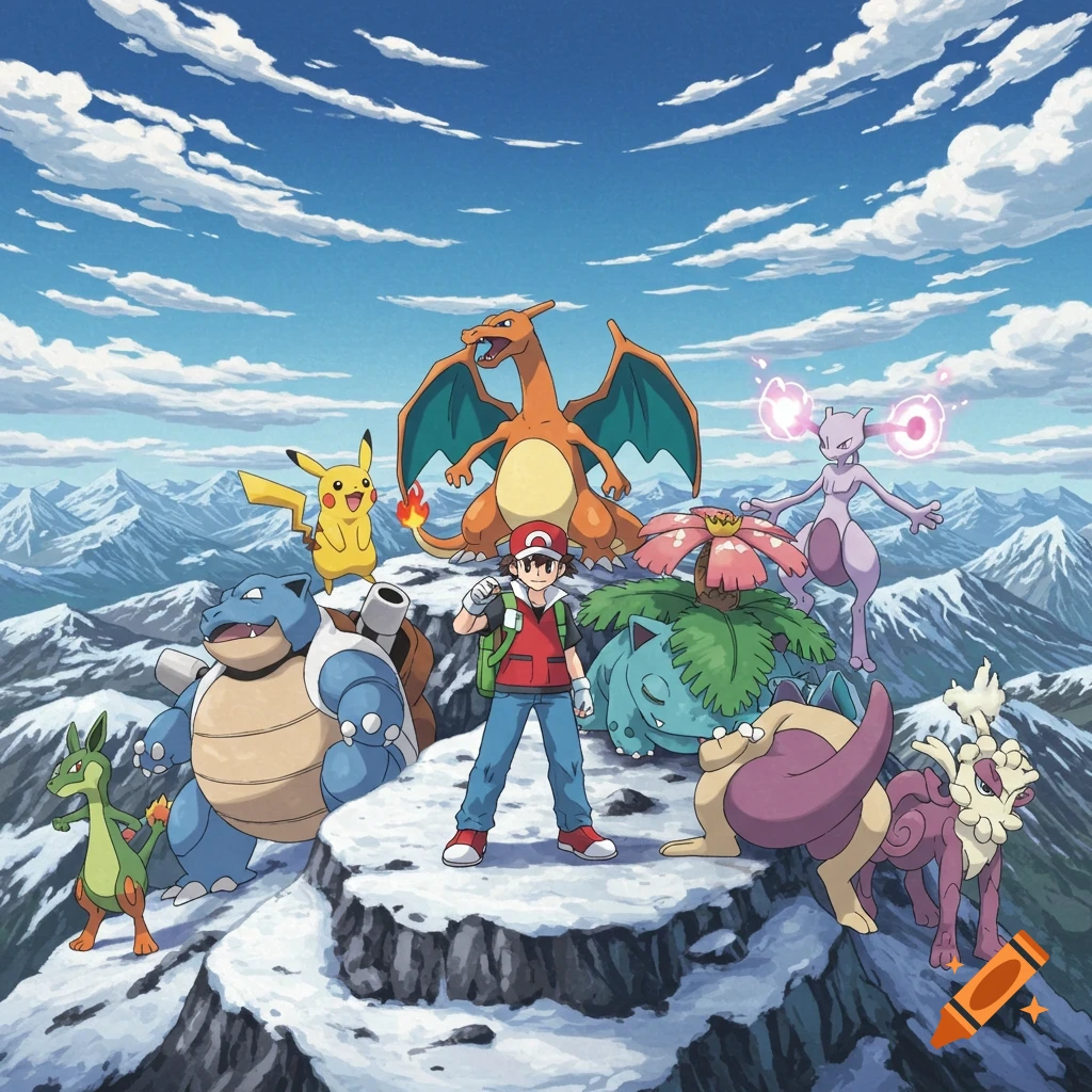 Pokemon trainer Red and various Pokemon on a snowy mountain peak