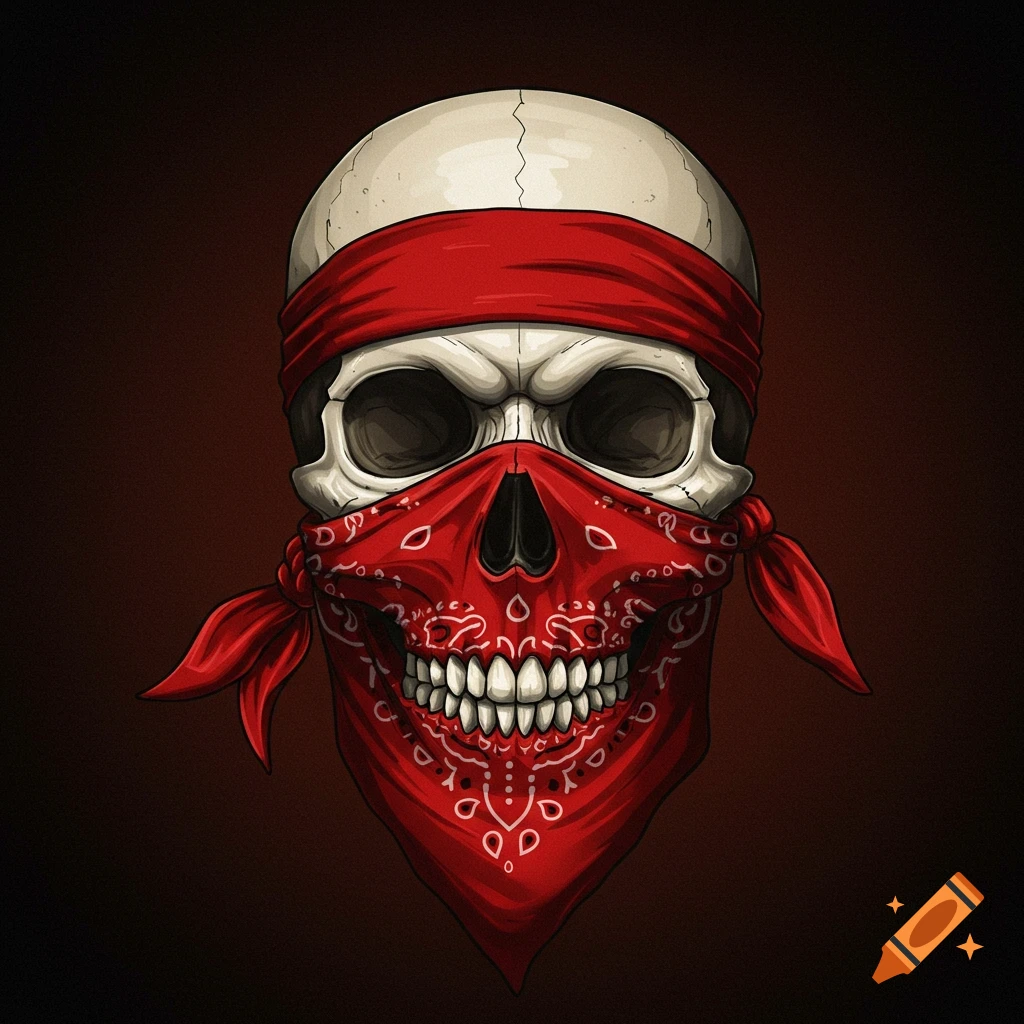 A skull wearing a red bandana covering its mouth and forehead.