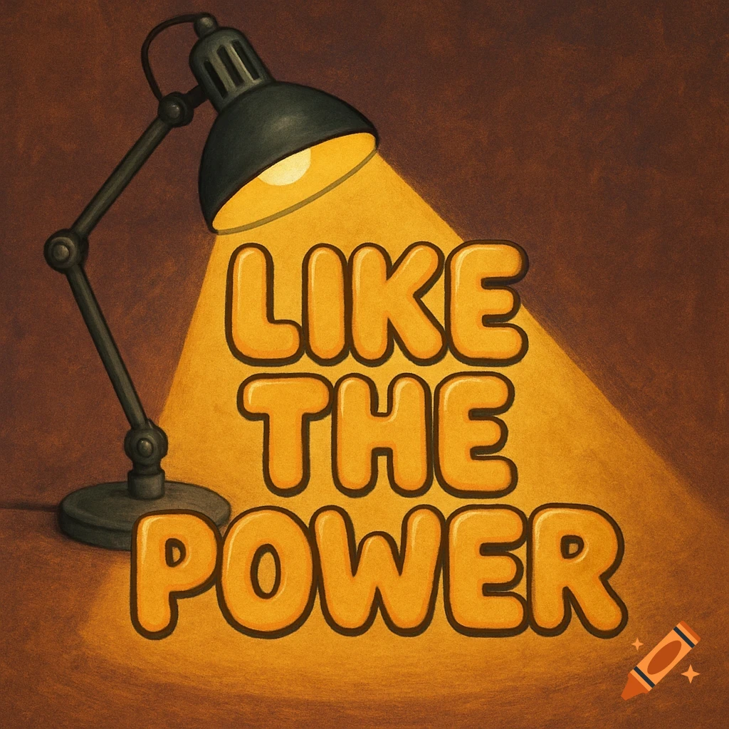 An illustration of a desk lamp shining light onto orange bubble text that reads 'LIKE THE POWER'.
