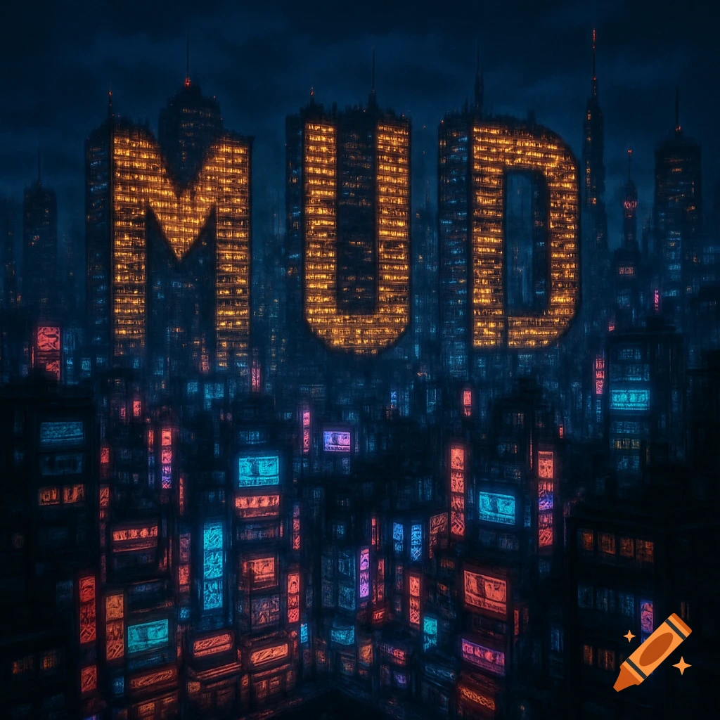 A futuristic cityscape at night with tall buildings lit to form the word MUD.