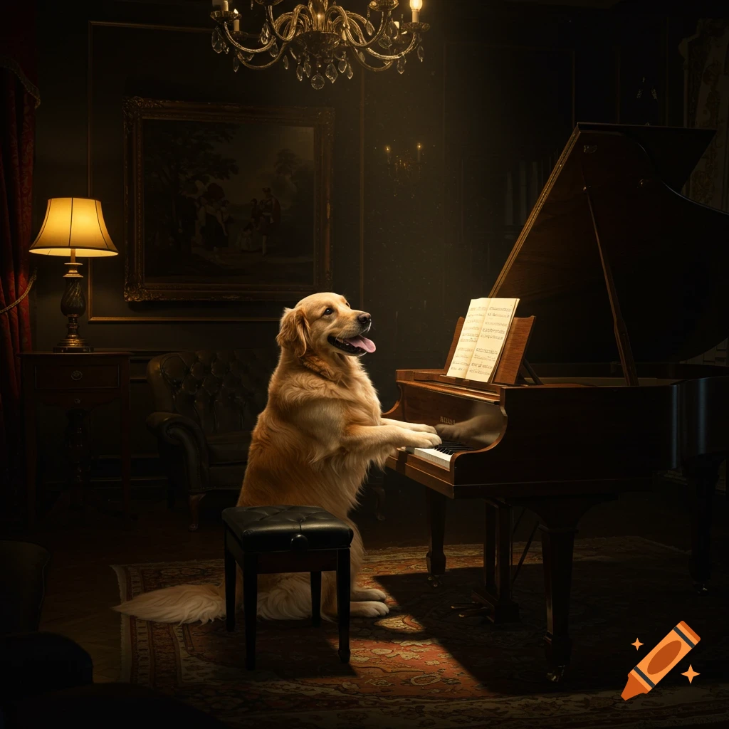Golden retriever dog sits at a grand piano in a dimly lit fancy room, paws on the keys, looking up.
