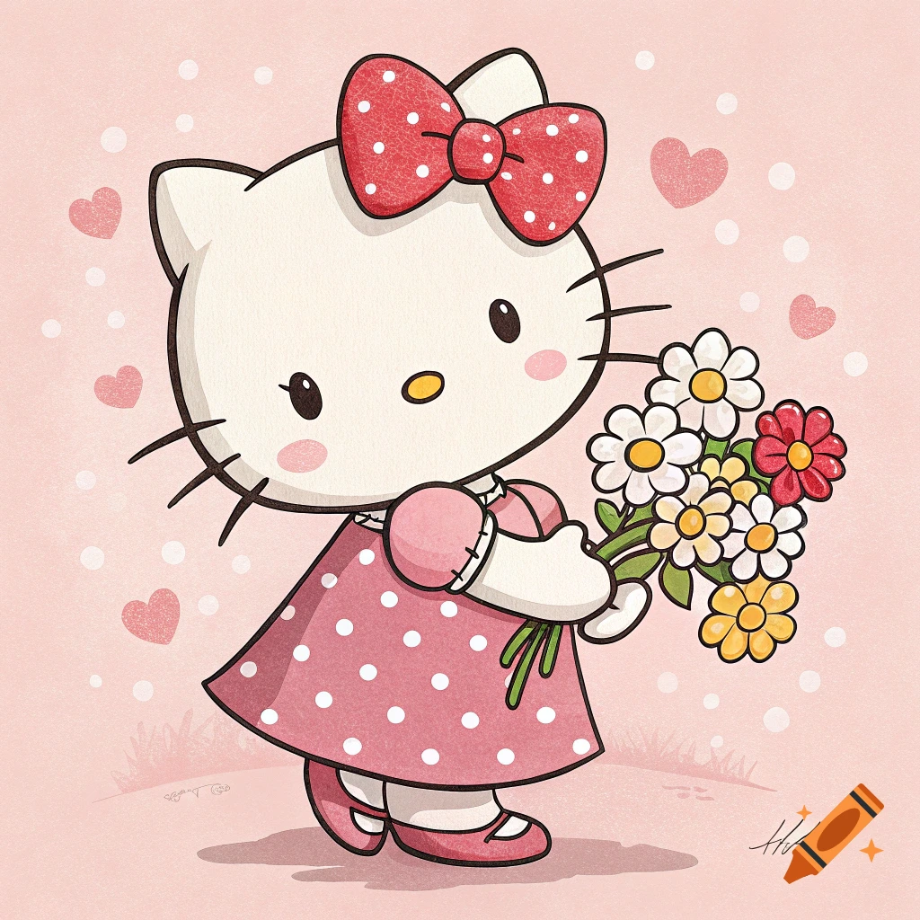 Cartoon of Hello Kitty in a pink polka dot dress holding flowers, with hearts in the background.