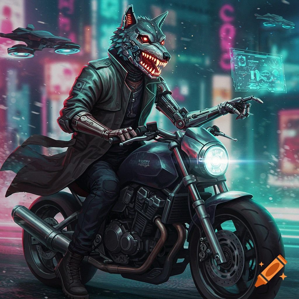 A wolf-headed cyborg biker rides a motorcycle through a cyberpunk city at night, pointing at a holographic screen.