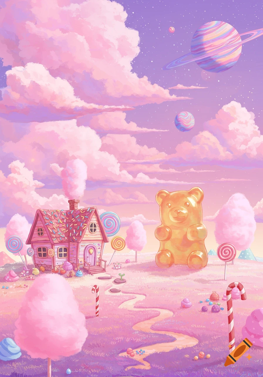A surreal fantasy candy land with a gingerbread house, giant gummy bear, lollipops, and striped planets in a pastel sky.