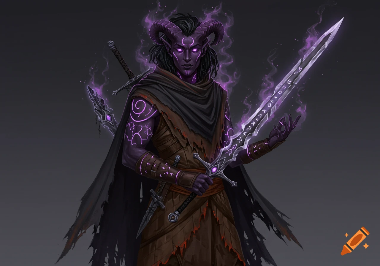 A male tiefling character with purple skin, glowing eyes and markings, holding a runic sword.