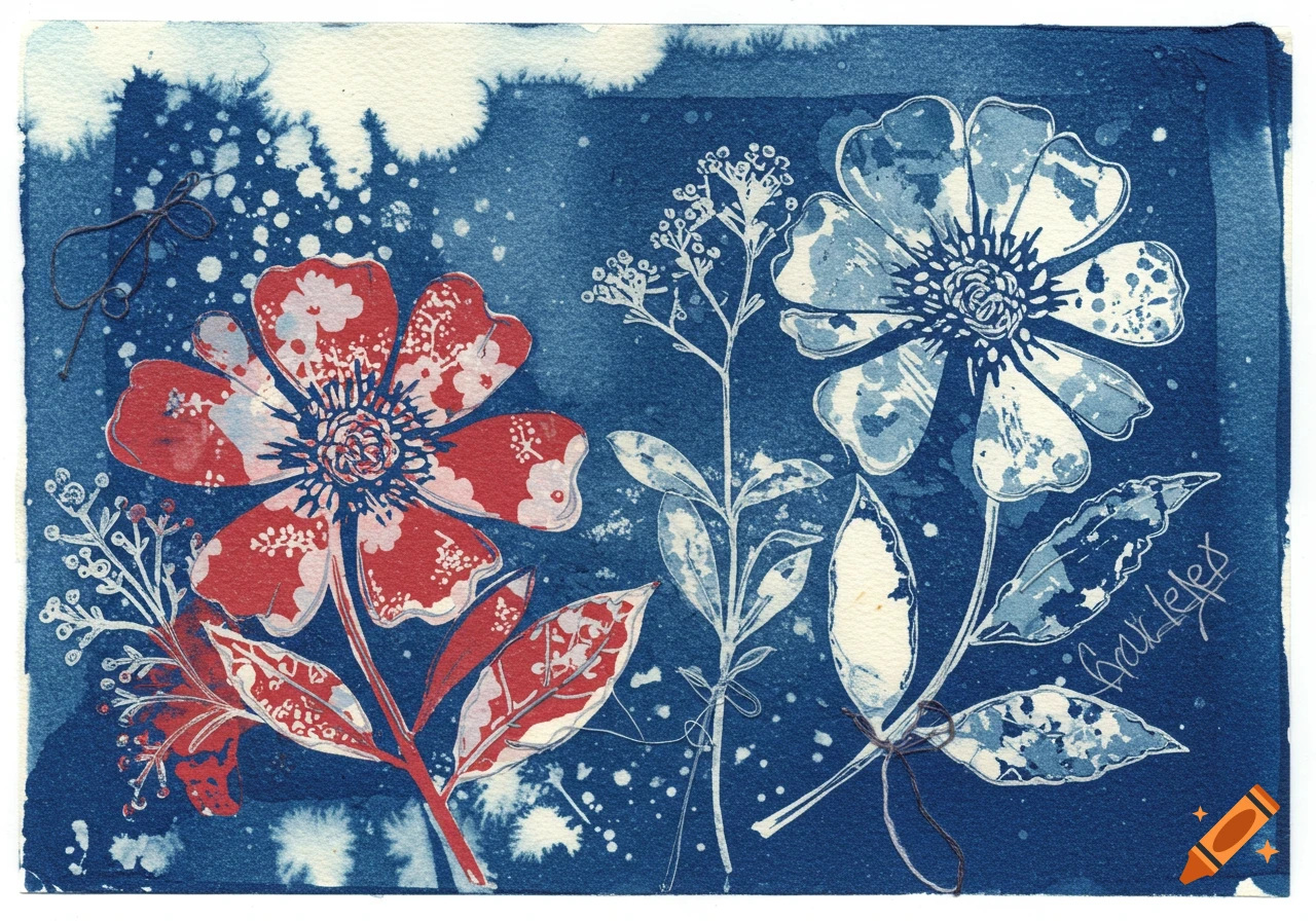 A cyanotype and print artwork of red and white flowers and green plants against a deep blue background.