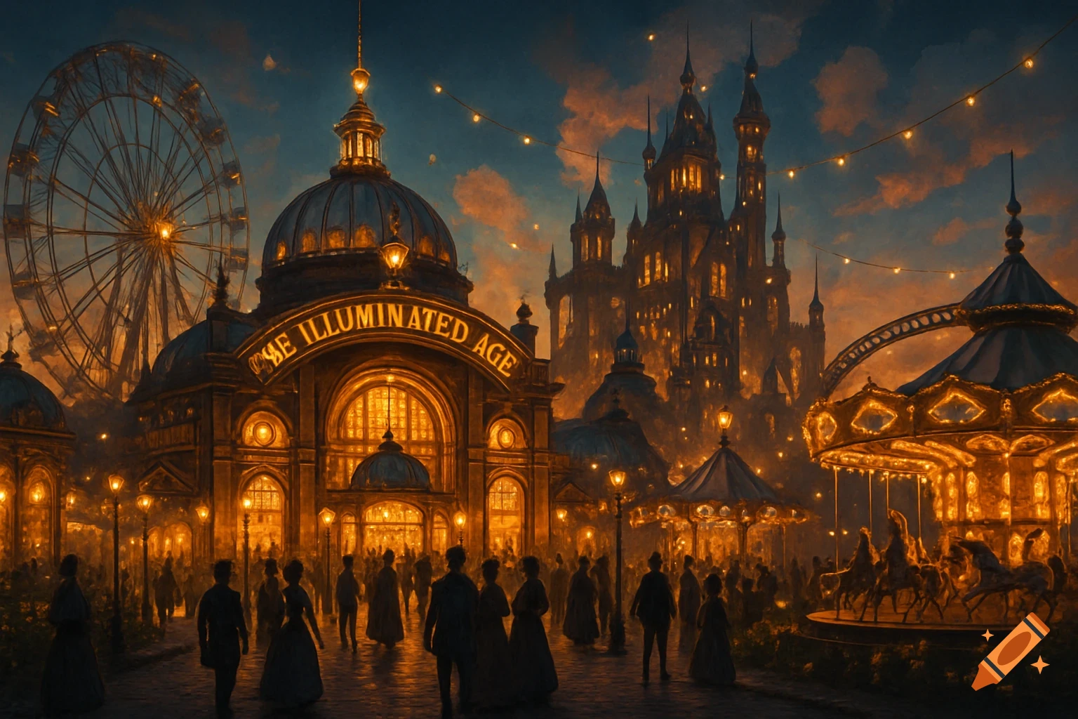 A bustling fantasy theme park at night with illuminated buildings, ferris wheel, and carousel.