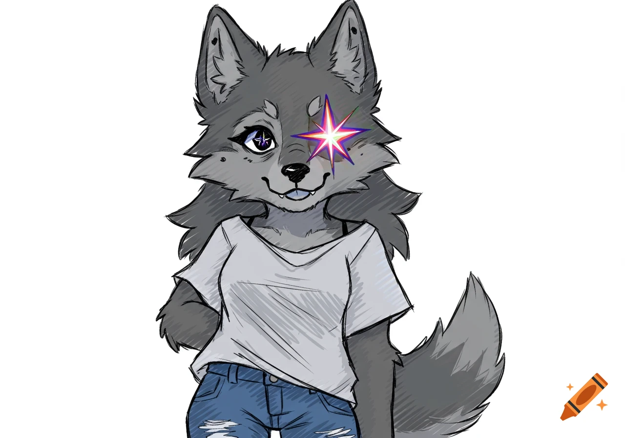 Cartoon scribbly wolf girl with a star over her right eye, wearing a t-shirt and jeans.