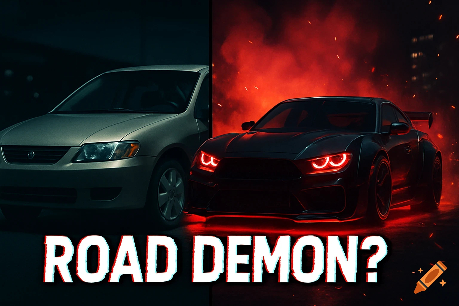 Split image of a stock car and a modified car with text 'ROAD DEMON?'